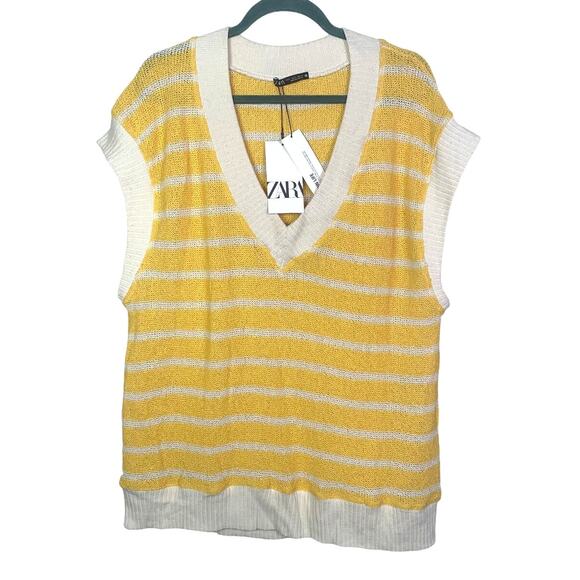 Zara Yellow V-Neck Striped Oversized Knitted Tank Vest, Size L - Picture 1 of 5
